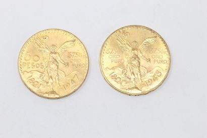 Deux pièces en or (900) de 50 pesos. 

TB...