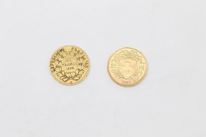null Deux pièces en or de 20 francs : 

- Louis-Napoléon tête nue (1852)

- Vreneli...