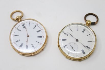 null Deux montres de gousset en or jaune 18k (750) cadrans émaillés blancs à chiffres...