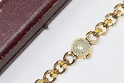 null Montre bracelet de dame, boîtier rond en or jaune 18k (750), cadran à fond guilloché...