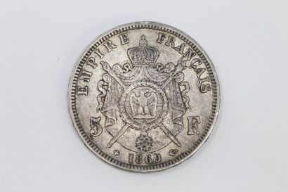null Pièce de 5 francs en argent Napoléon III tête laurée 1869 BB.

Poids : 25 g...