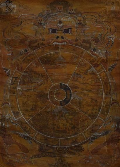 null Thangka représentant une roue bouddhique de la vie rehaussé d'argent

Tibet,...