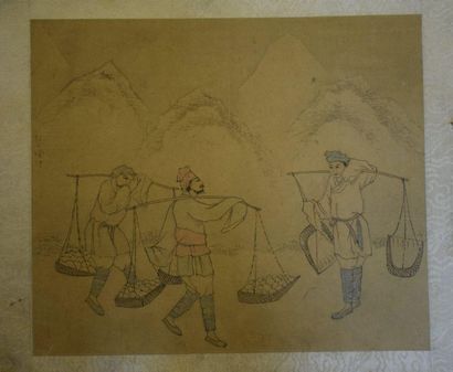 null China, suite of three paintings on paper representing peasants.

24 x 27cm