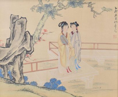 null CHINA 

Silk painting of two women in a garden 

Bears a signature in the upper...