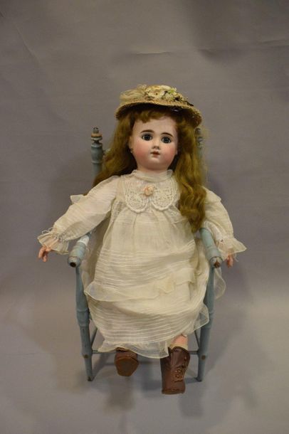 null German doll, bisque head, closed mouth, marked "S 12" blue fixed eyes (discoloration...