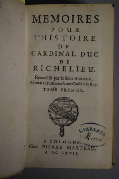 null AUBERY

Memoirs for the history of the Cardinal Duke of Richelieu. Cologne,...