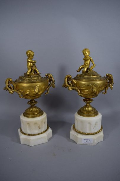null Pair of gilt bronze cassolettes decorated with scrolls and flowers topped with...