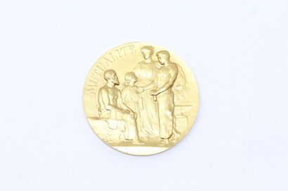  Médaille en bronze à patine doré commémorant la Mutualité. 
Signé. Poinçon Arthus...