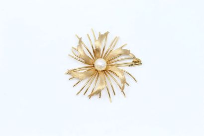 null Broche en or jaune 18k (750) stylisant une fleur ornée d'une perle de culture....