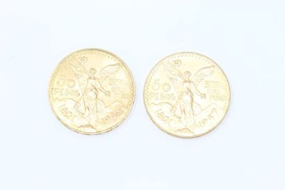  Lot de 2 pièces en or de 50 pesos. 
Poids : 83.3 g. 
