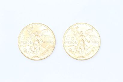  Lot de 2 pièces en or de 50 pesos. 
Poids : 83.3 g. 
