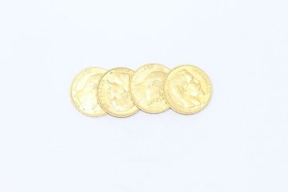  Lot de 4 pièces en or de 20 francs "Napoléon III, tête nue", 1854 A, 1857 A et 2...