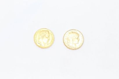 Lot de deux pièces en or de 20 Francs : 
-...