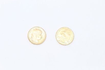 Deux pièces en or de 20 francs Coq, Liberté,...