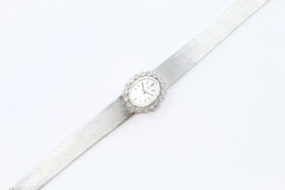null Montre bracelet de dame en or gris 18k (750), boîtier ovale, cadran à fond argent...