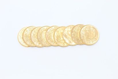 Lot de 9 pièces en or de 20 francs Vreneli...