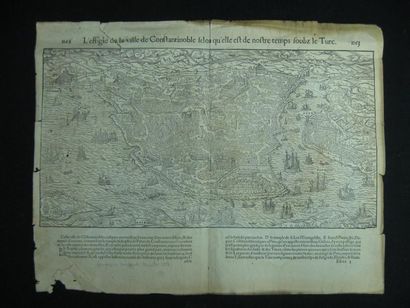 null Carte de Constantinople Double page gravée de la Cosmographie Universelle publiée...