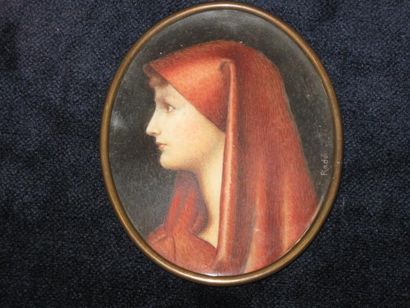 null La vierge au voile rouge Portrait de jeune femme de profil, la tête couverte...