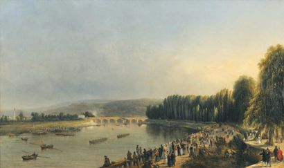 Jean-Louis PETIT Course d'avirons sur la Seine près de Saint-Cloud, 1849 Huile sur...