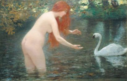 Henri GERVEX Léda et le cygne Huile sur toile, signée en bas à gauche, 33 x 48 cm....