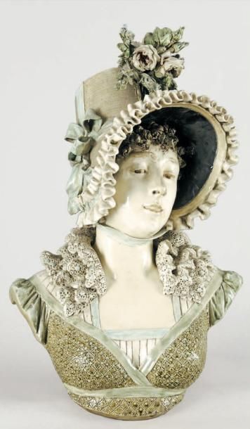 Louis-Robert CARRIER-BELLEUSE Jeune femme au col en dentelle et chapeau aux roses...