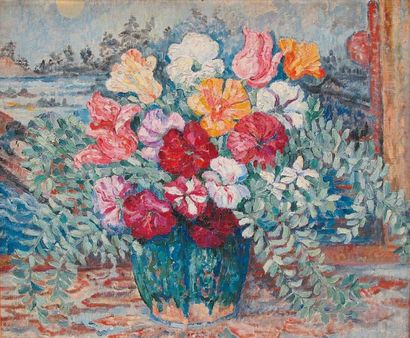 Jeanne SELMERSHEIM-DESGRANGES Bouquet de fleurs Huile sur toile marouflée sur carton...