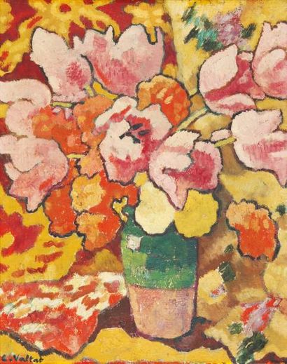Louis VALTAT Bouquet de tulipes au pichet vert Huile sur toile, signée en bas à gauche,...