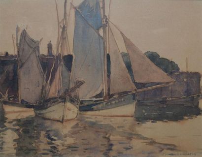 ANONYME, DÉBUT XXE SIÈCLE Thoniers au mouillage, 1924 aquarelle (insolation), signature...