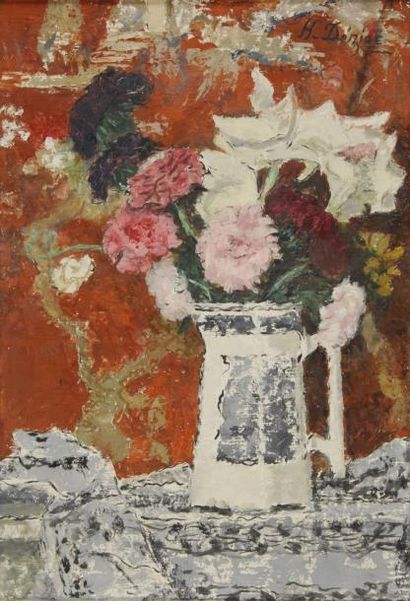 DÉZIRÉ HENRI 1878-1965 Pichet fleuri Huile sur toile, signée en haut à droite. 55x38...