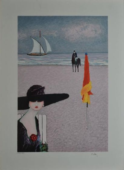 DILLEY RAMON, NÉ EN 1932 Élégante à la plage lithographie en couleurs n°160/250,...