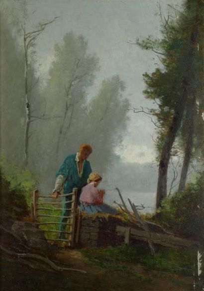 DONZEL CHARLES, 1824-1889 Couple de paysans à la barrière huile sur panneau, signé...