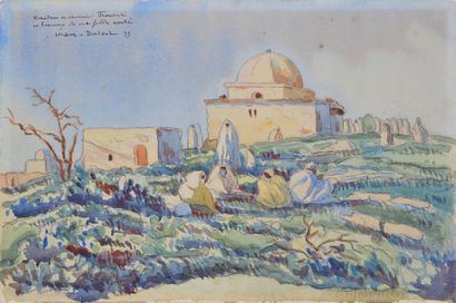 DULOUT MARC, XXE SIÈCLE Orientales devant le village, 1933 aquarelle et crayon noir,...
