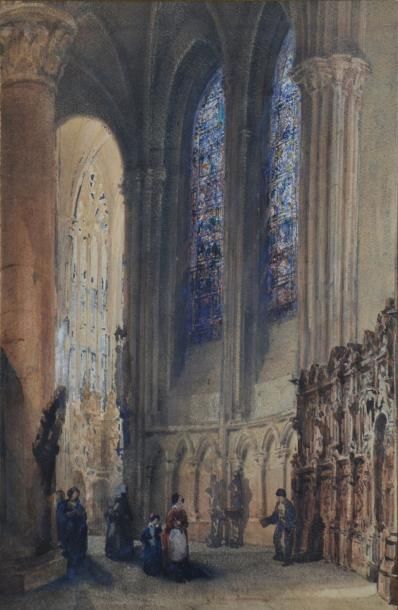 ÉCOLE FRANÇAISE, XIXE SIÈCLE Intérieur d'église gothique aquarelle gouachée (traces...