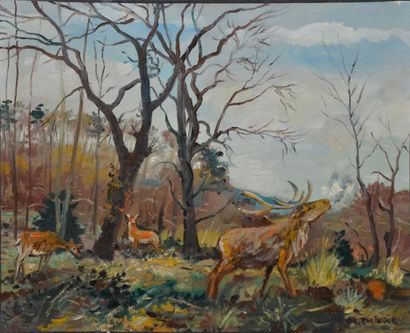 EHLINGER CHRISTIAN, NÉ EN 1931 Cerf bramant en forêt huile sur toile, signée en bas...