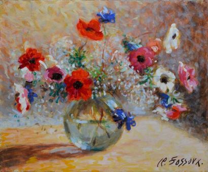 FOSSOUX CLAUDE, NÉ EN 1946 Vase de fleurs des champs peinture sur toile, signée en...