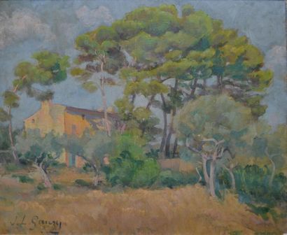 GAUZY JEANNE L., 1886-1968 Devant la maison huile sur toile (légères traces de frottements),...
