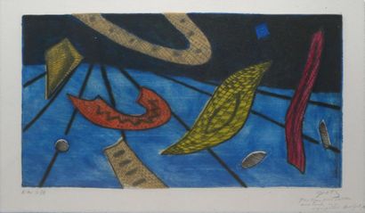 GOETZ HENRI, 1909-1989 Sans titre fond bleu gravure au carborundum en couleurs, EA...