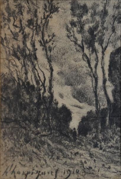 HARPIGNIES HENRI, 1819-1916 Chemin aux arbres avec promeneur, 1910 fusain sur papier...