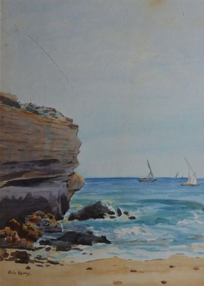 HARRIS LEILA, XXE SIÈCLE Voiliers près de la côte aquarelle (rousseurs), signée en...
