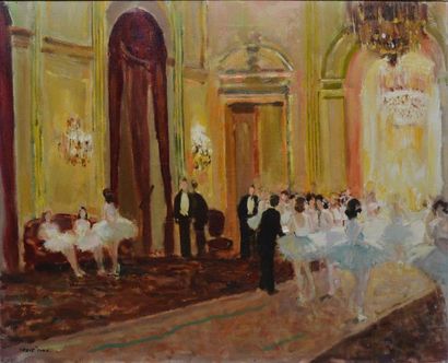 HERVÉ MAX, NÉ EN 1926 Ballerines au foyer huile sur toile, signée en bas à gauche,...