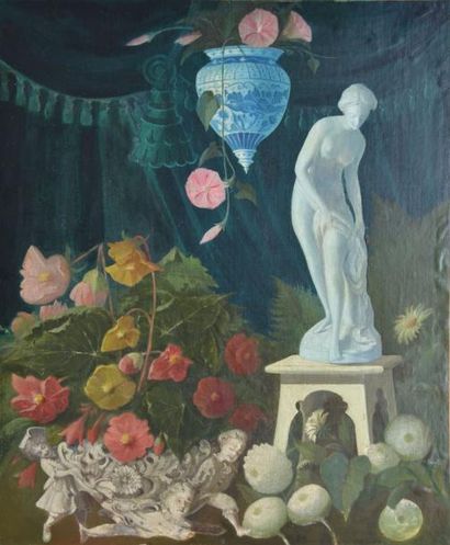 LANGLOIS HENRI, XIX-XXE SIÈCLE Statue de Venus aux fleurs huile sur toile rentoilée...