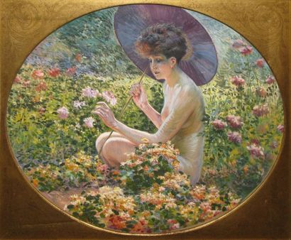 MILLIÈRE MAURICE, 1871-1946 Baigneuse à l'ombrelle japonaise au jardin gouache sur...