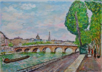 MOMDJIAN GARABED, NÉ EN 1922 La Seine au Pont Neuf, 1986 huile sur papier, signé...