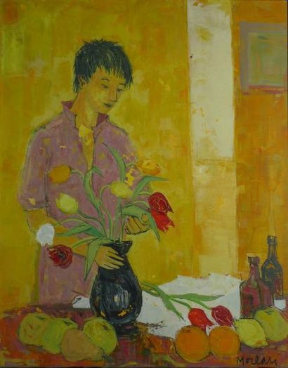MOREAU JACQUES, 1943-2001 Femme au bouquet peinture sur toile (manques importants),...