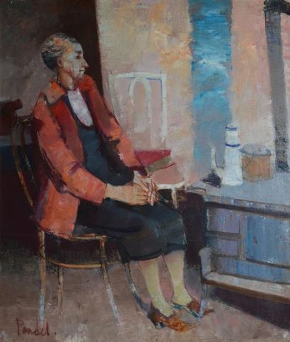 PANDEL MICHEL, 1929-1978 Intérieur, femme en rouge huile sur toile, signée en bas...