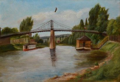 BARAT A., FIN XIXE SIÈCLE Rivière au pont suspendu, 1882 huile sur toile (accidents...