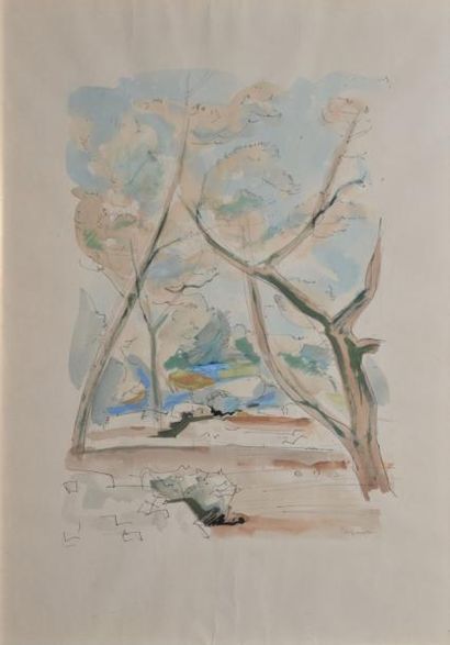PAPART MAX, 1911-1994 Paysage aux arbres aquarelle gouachée (traces de plis), signée...