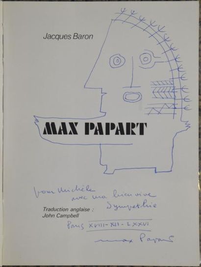 PAPART MAX, 1911-1994 Personnage dessin au stylo bille bleu sur page de garde du...
