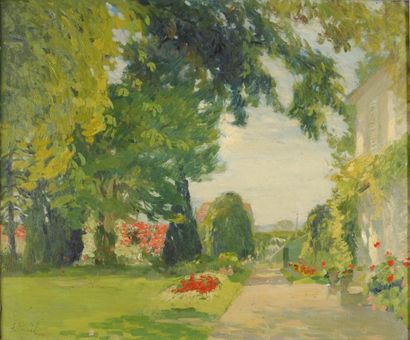 PAVIL ÉLIE ANATOLE, 1873-1948 Parc fleuri huile sur toile (accidents), signée en...