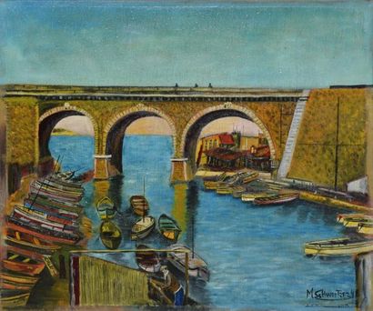 SCHWEITZER M., XXE SIÈCLE Port de pêche au pont, 1948 huile sur toile, signée et...